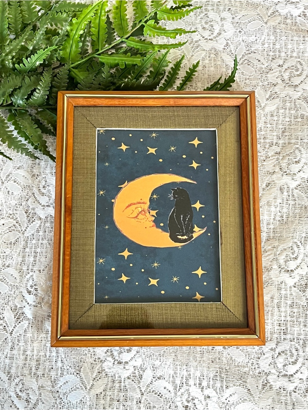 Vintage Teak Wood Framed Celestial Moon & Cat Decor 5x7